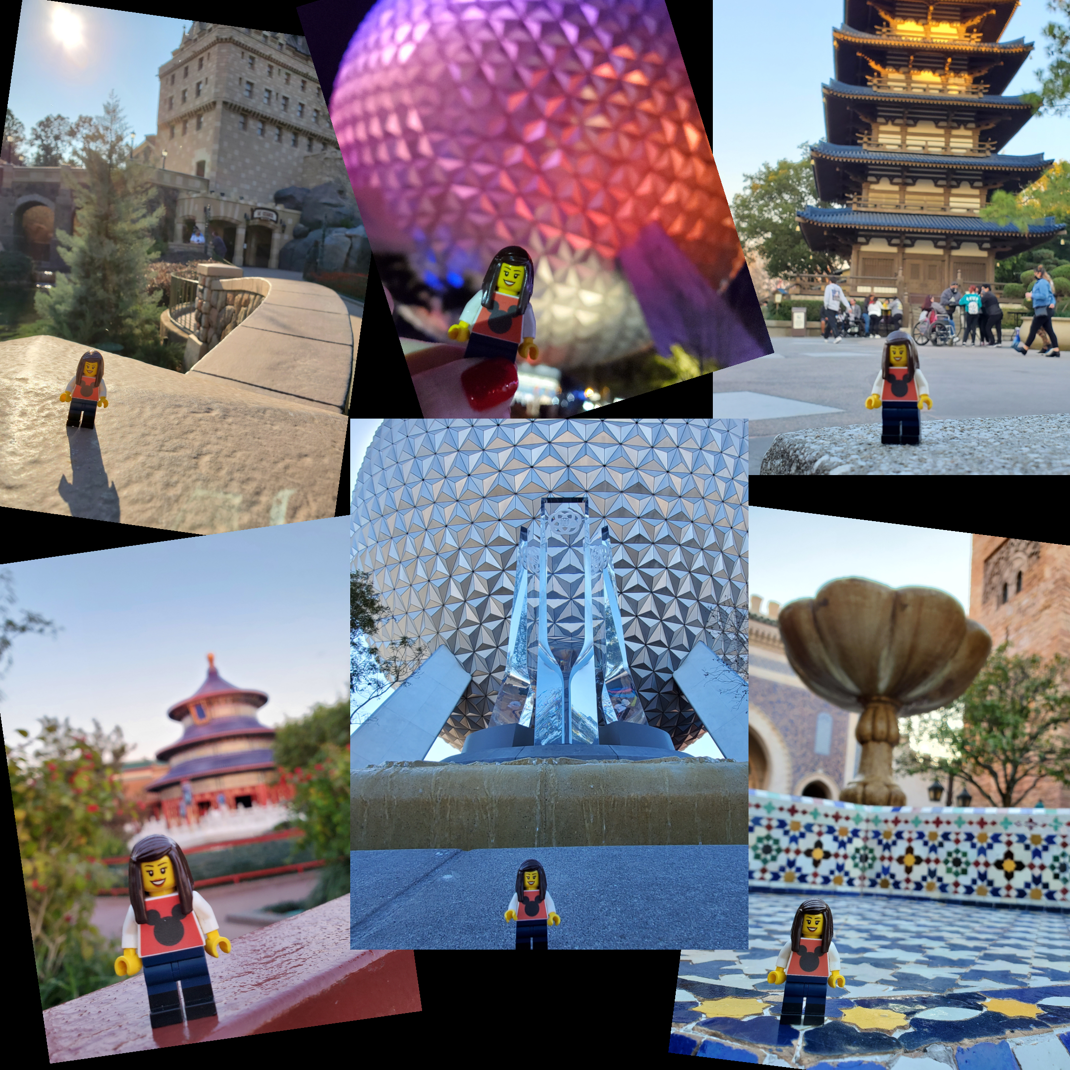 Photo collage of the Cromer Family minifigures around Epcot.